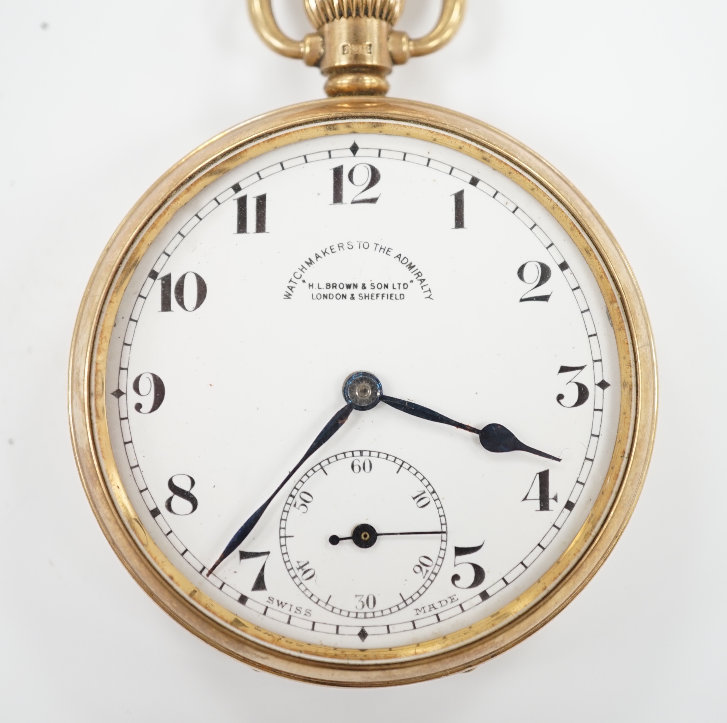 A George V 9ct gold open face keyless pocket watch, retailed by H.L. Brown Ltd, with Arabic dial and subsidiary seconds, case diameter 48mm, gross weight 78.5 grams